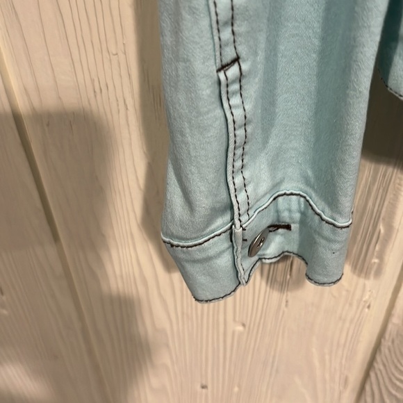 Jean Jacket Style Turquoise Brown  stitching Silver buttons  size large - Picture 3 of 10